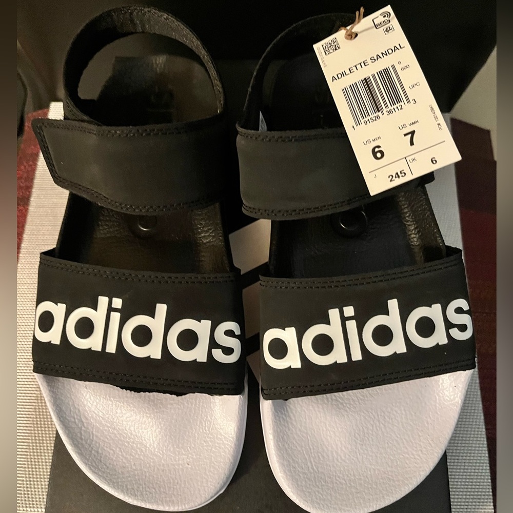 ADIDAS NIB AUTHENTIC ADILETTE BLACK & WHITE SPORTY ADJUSTABLE SLIDES